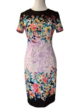 Maggy London Floral Sheath Midi Dress in Lilac, Black and Multicolor